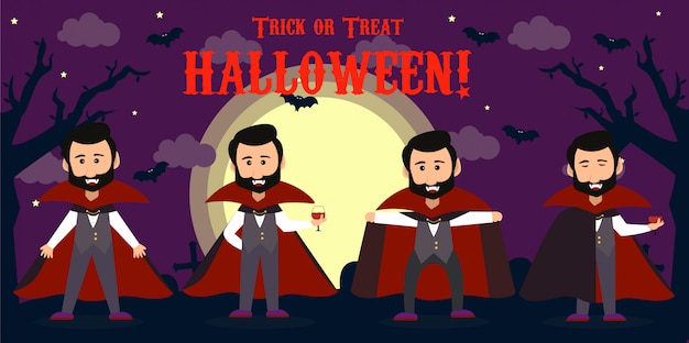 Happy Halloween Count Dracula wearing red cape. Set of cute cartoon vampire characters vector illustrations 