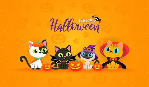 Happy Halloween Cute cat in halloween pet costume greeting Card Vector design