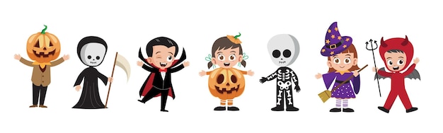 Happy Halloween cute kids character in different costumes vector illustration