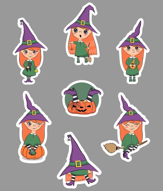 Vector happy halloween. cute little witches collection.