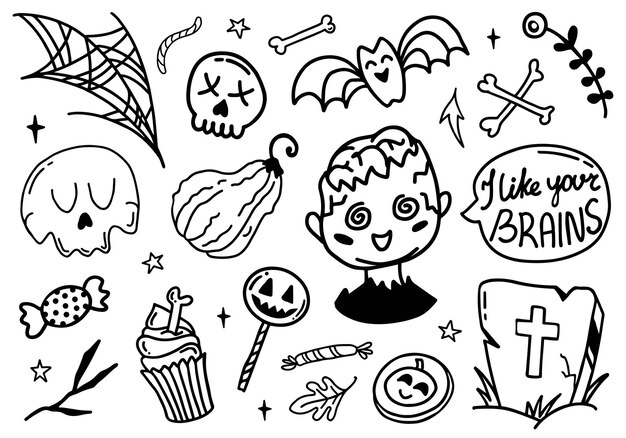 Vector happy halloween cute vector set with zombie bat cupcake skull grave candy pumpkin lollypop isolated on white background i like your brains speech bubble lettering quote in doodle style