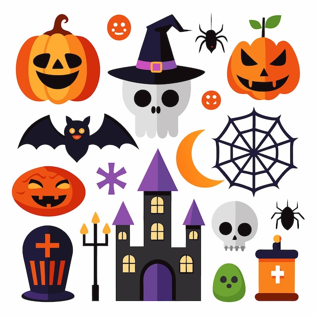 Happy Halloween day element background vector Cute collection of spooky ghost pumpkin