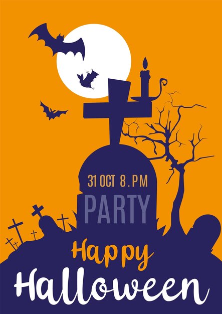 Happy halloween design with cemetery grave witch zombie hands moon tree and bat scary Orange silhouette over yellow background vector illustration