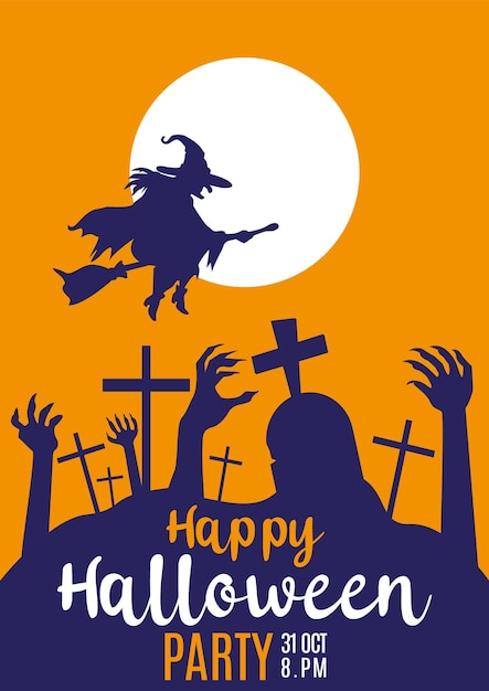 Happy halloween design with cemetery grave witch zombie hands moon tree and bat scary Orange silhouette over yellow background vector illustration