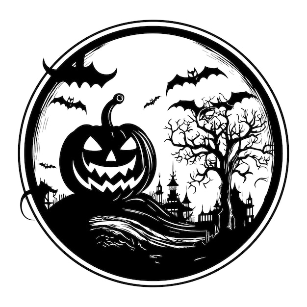 Happy Halloween elements in black and white Silhouette vector illustration with holiday smiling pum