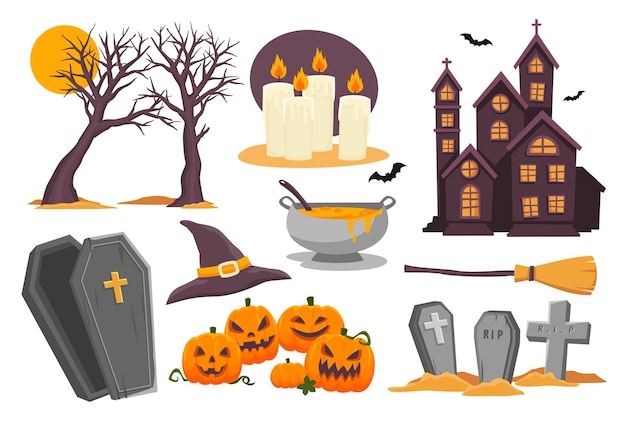 Happy Halloween elements set isolated on white background, pumpkin, haunted house, grave, coffin