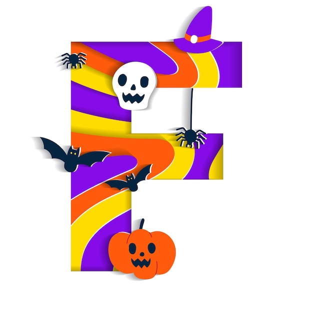 Happy Halloween F Alphabet Font Typography Cartoon Spooky Paper Cutout Type Skull Pumpkin Bat Spider