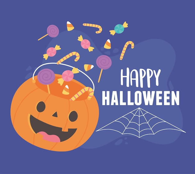 Happy halloween, falling candies on bucket pumpkin illustration