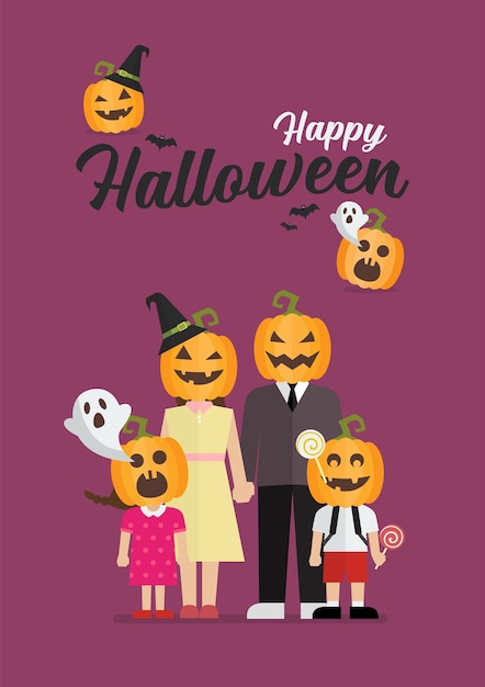 Happy Halloween Family with pumpkin head. illustration