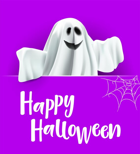 Vector happy halloween ghost and cobweb poster ghost on lilac background with text happy halloween