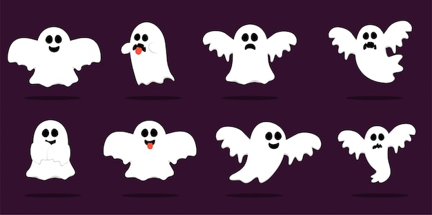 Happy Halloween, Ghost, Scary white ghosts. Cute cartoon spooky character. Smiling face, hands.