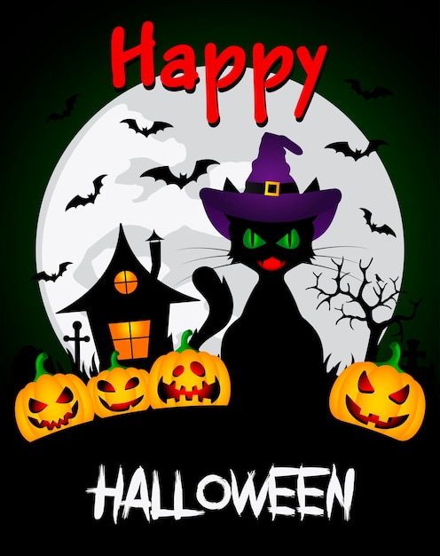 Happy Halloween graphic design Halloween background with funny pumpkins and witch39s house halloween cat