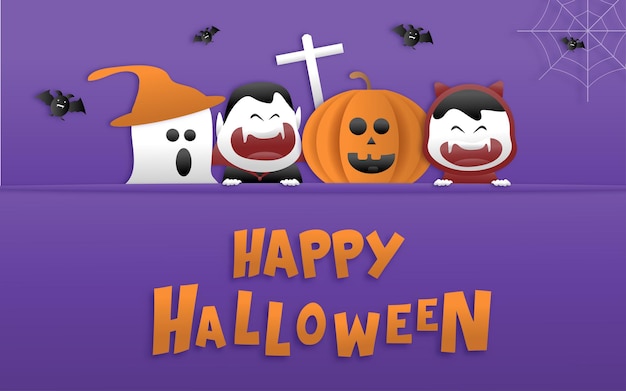 Happy Halloween greeting banner or party invitation with night clouds, pumpkins, bats, and cute ghosts on a violet background. Paper cut and papercraft style.Vector illustration.