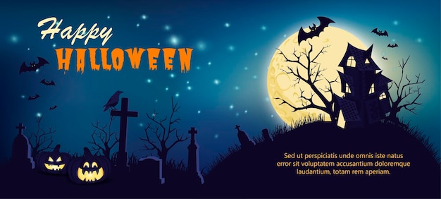 Happy Halloween greeting banner with pumpkins castle and full moon