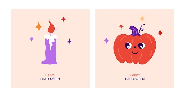 Happy Halloween greeting card Cartoon vector illustration with pumpkin burning candle and stars