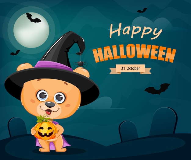 Happy Halloween greeting card Cute little bear in witch hat holding Jack o Lantern