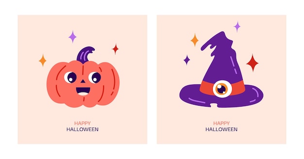 Happy Halloween greeting card Illustration with cute magic pumpkin witches hat and stars