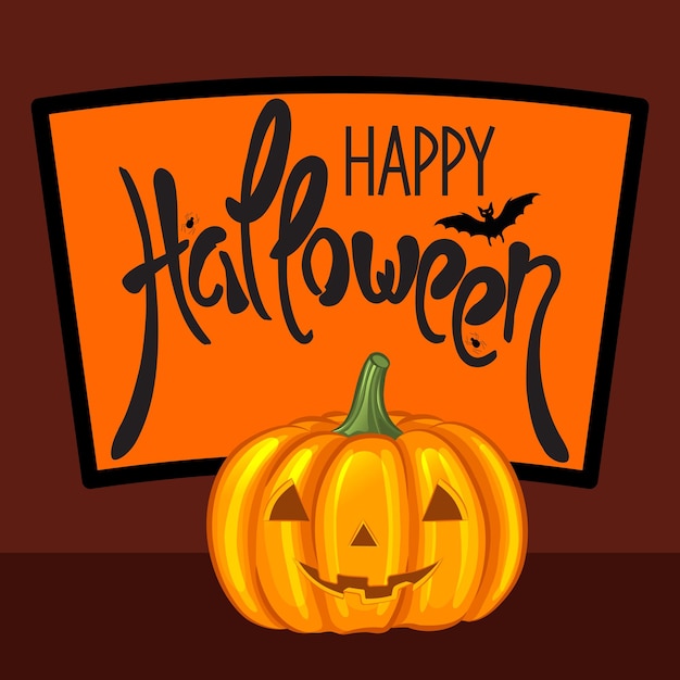 Happy Halloween greeting card. Text and cartoon pumpkin