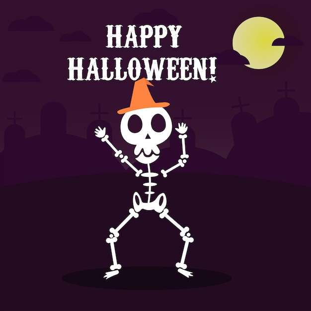 Happy Halloween greeting card with funny skeleton dancing in party