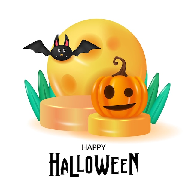 Happy halloween greeting card with illustration of 3d cute character pumpkin jack o lantern moon skull and bat