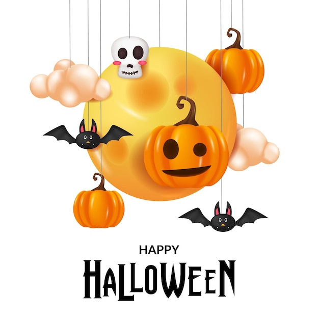 Happy halloween greeting card with illustration of 3d cute character pumpkin jack o lantern moon skull and bat