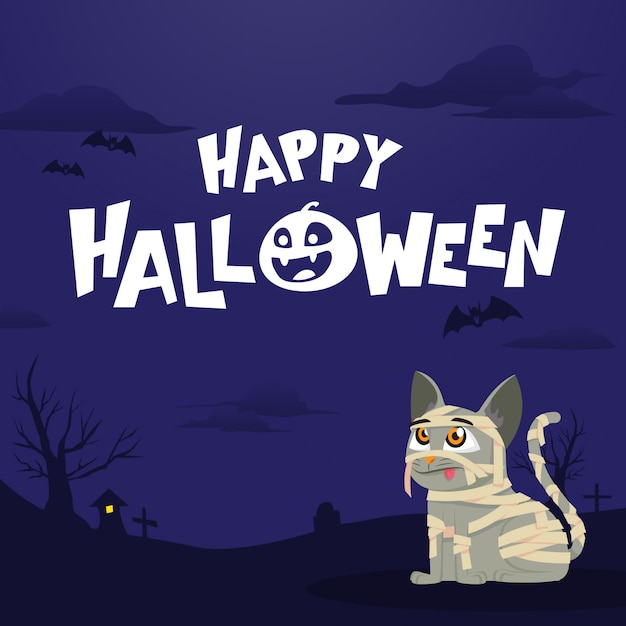 Happy Halloween greeting card with mummy cat