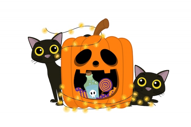 Happy Halloween greeting card with pumpkin and cat.