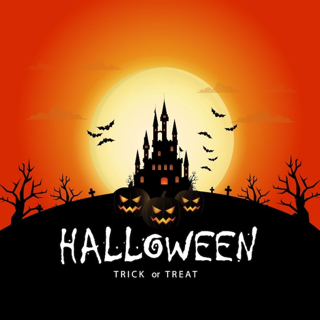 Happy Halloween greetings with castle silhouettes from a distance and orange moonlight at night