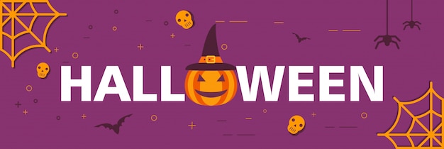 Happy Halloween .Horizontal banner flat vector.Bat character cartoon icon.Pumpkin head lamp jack smiling.