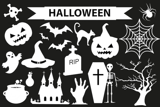 Happy Halloween icons set, black silhouette style.  on white background. Halloween collection of  elements with pumpkin, spider, zombie, skull, coffin, bat.  illustration.