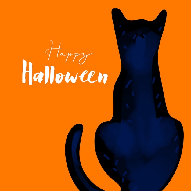 Happy Halloween illustration with black cat orange background