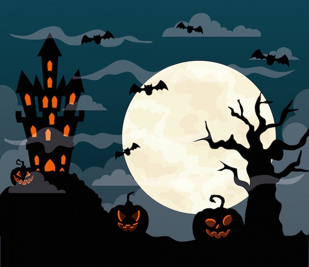 Happy halloween illustration with castle haunted, pumpkins, bats flying, dry tree and full moon