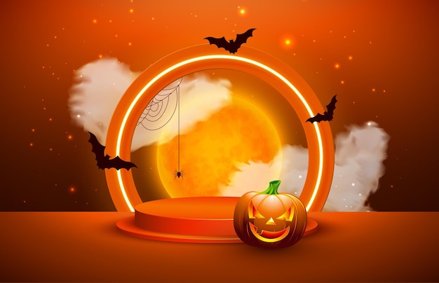 Happy Halloween Illustration with Pumpkin Neon Light and Flying Bats on Orange Background