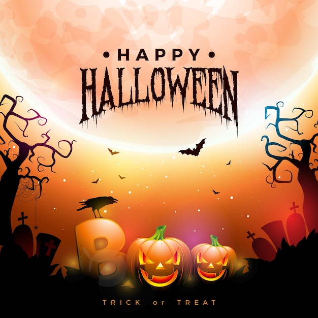 Happy halloween illustration with spooky pumpkins flying bats and crow on red night sky background w...