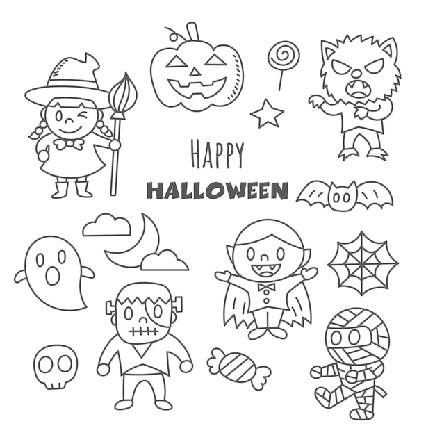 Happy halloween kawaii doodle hand drawing style