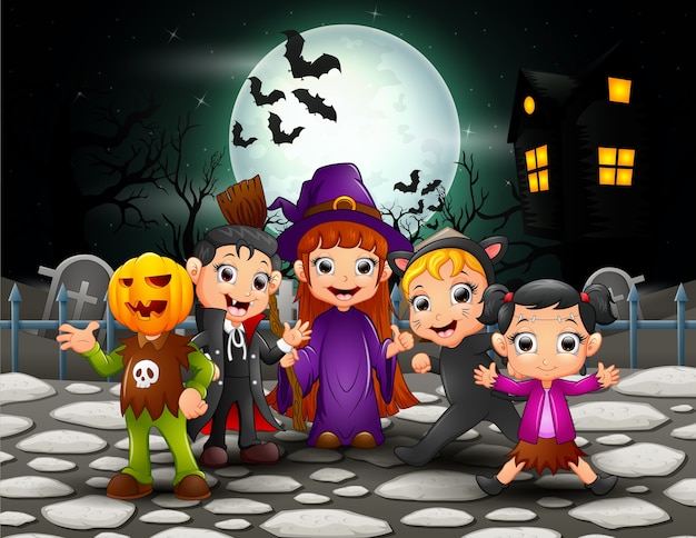 Happy halloween kids in full moon background