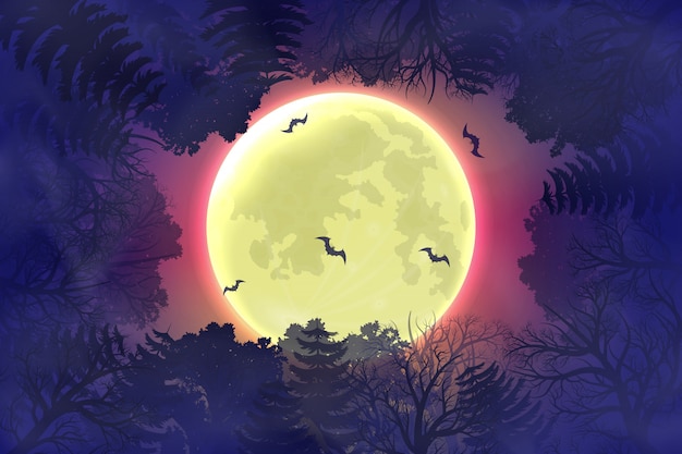 Happy Halloween night background with forest silhouette