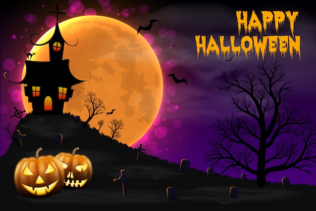 Happy Halloween night background with haunted house.