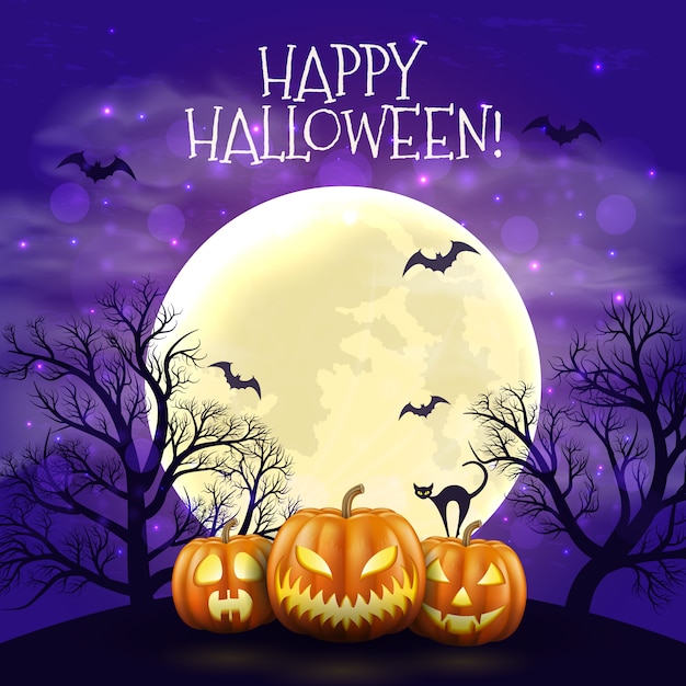 Happy Halloween night background with realistic scary pumpkins and moon.