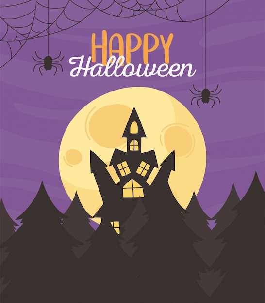 Happy halloween, night moon bats castle and forest trick or treat party celebration vector illustration