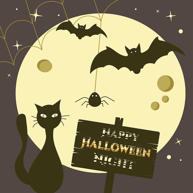 Happy Halloween night poster with moon bats and spiderweb on dark background Vector illustration