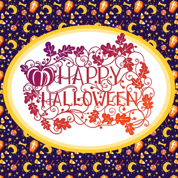 Vector happy halloween oak leaves and pumpkin typography