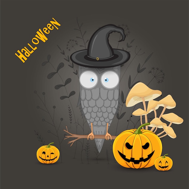 Happy halloween party invitation card with pumpkin owl wear with hat and spider