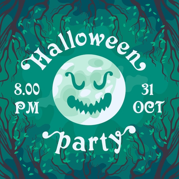 Happy Halloween Party invitation moon with scary face in cartoon style Bare branches without leaves night cloudy sky vintage lettering For frame template postcards banners flyer