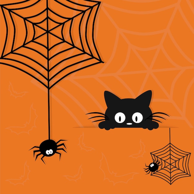 Happy Halloween postcard Cute black kitten afraid of a spider Cartoon style and paper cut style