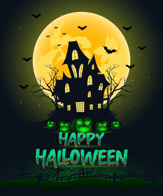 Happy Halloween poster banner with green pumpkin haunted house on full moon vector illustration