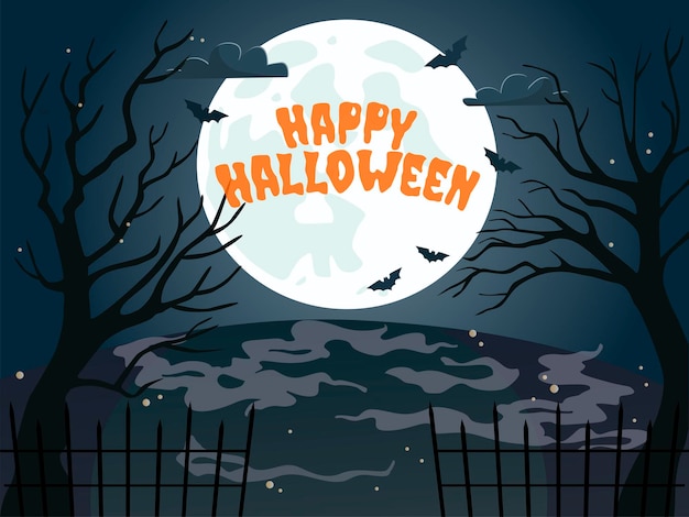 Happy Halloween poster on blue Moon background Vector illustration