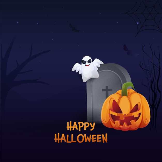 Happy Halloween Poster Design With Graveyard, Cartoon Ghost And Scary Pumpkin On Blue Nighttime Forest Background.