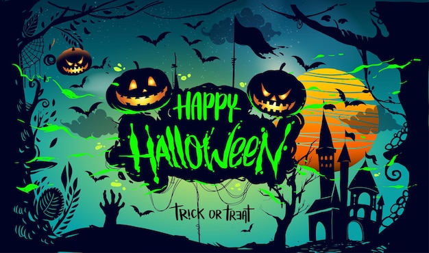 Happy Halloween Poster, night background with creepy pumpkins, illustration. vector elements for banner, greeting card Halloween celebration.