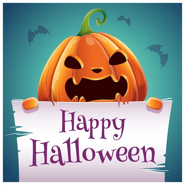 Happy Halloween poster with angry evil pumpkin with parchment on dark blue background Happy Halloween party